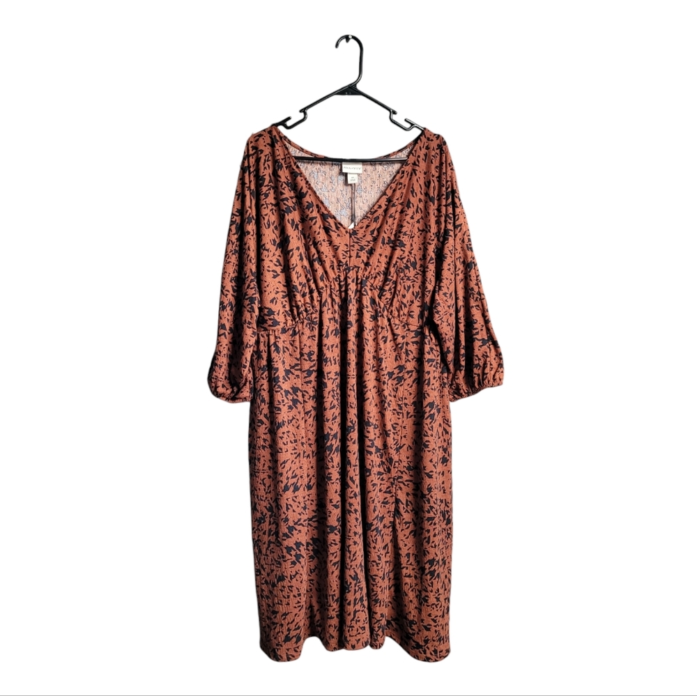 New Women Balloon 3/4 Sleeve Bronze A Line Stretchy Dress V neckline - Ava & Viv